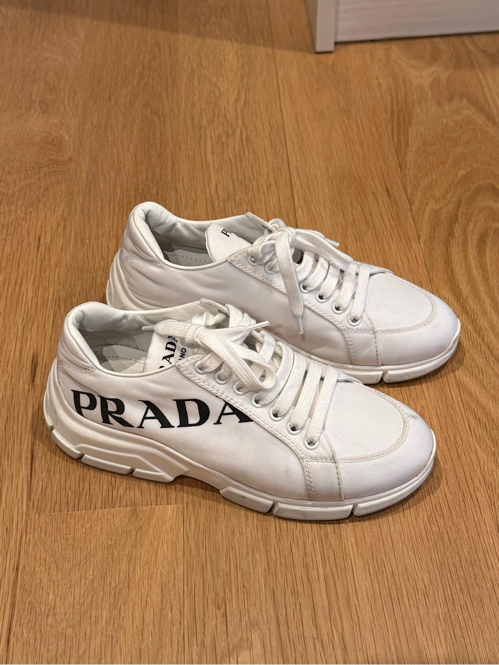 Nylon Prada White Low-Top Sneakers with Black Logo